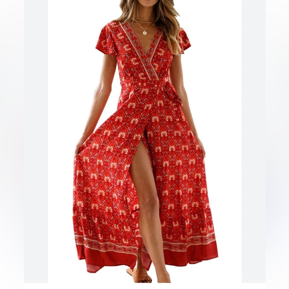 Pretty Garden Chic Red Patterned Maxi Dress